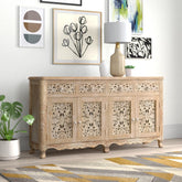 Indian Handmade Solid Wood 4 Drawers & Doors Carved Sideboard